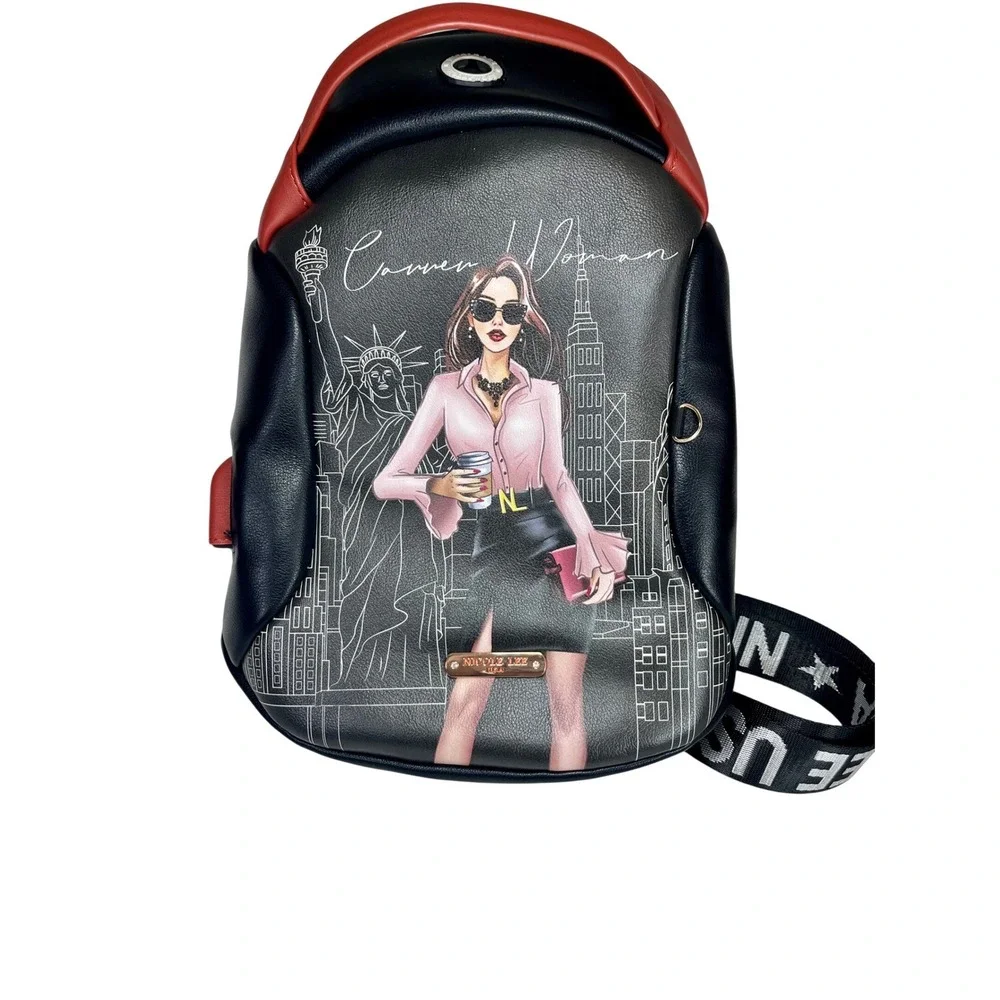 Nicole Lee Career Woman Sling Backpack Black Red Graphic USB Port